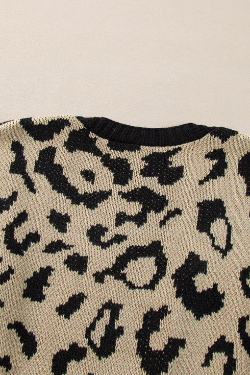 Stripe Sleeve Leopard Print Open Front Cardigan With Pockets